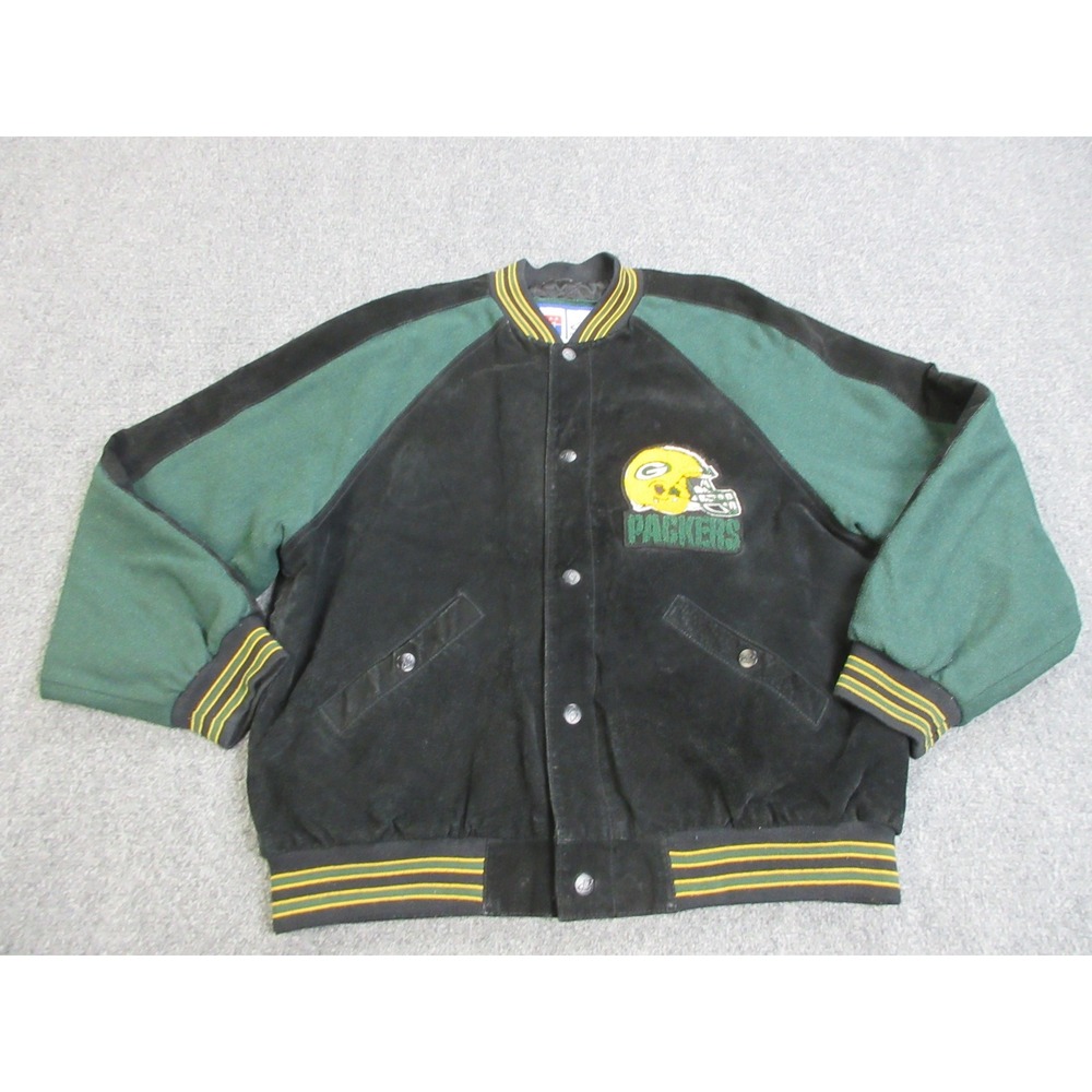 VTG Green Bay Packers Jacket Mens L Black Leather NFL Football Logo Athletic 90s